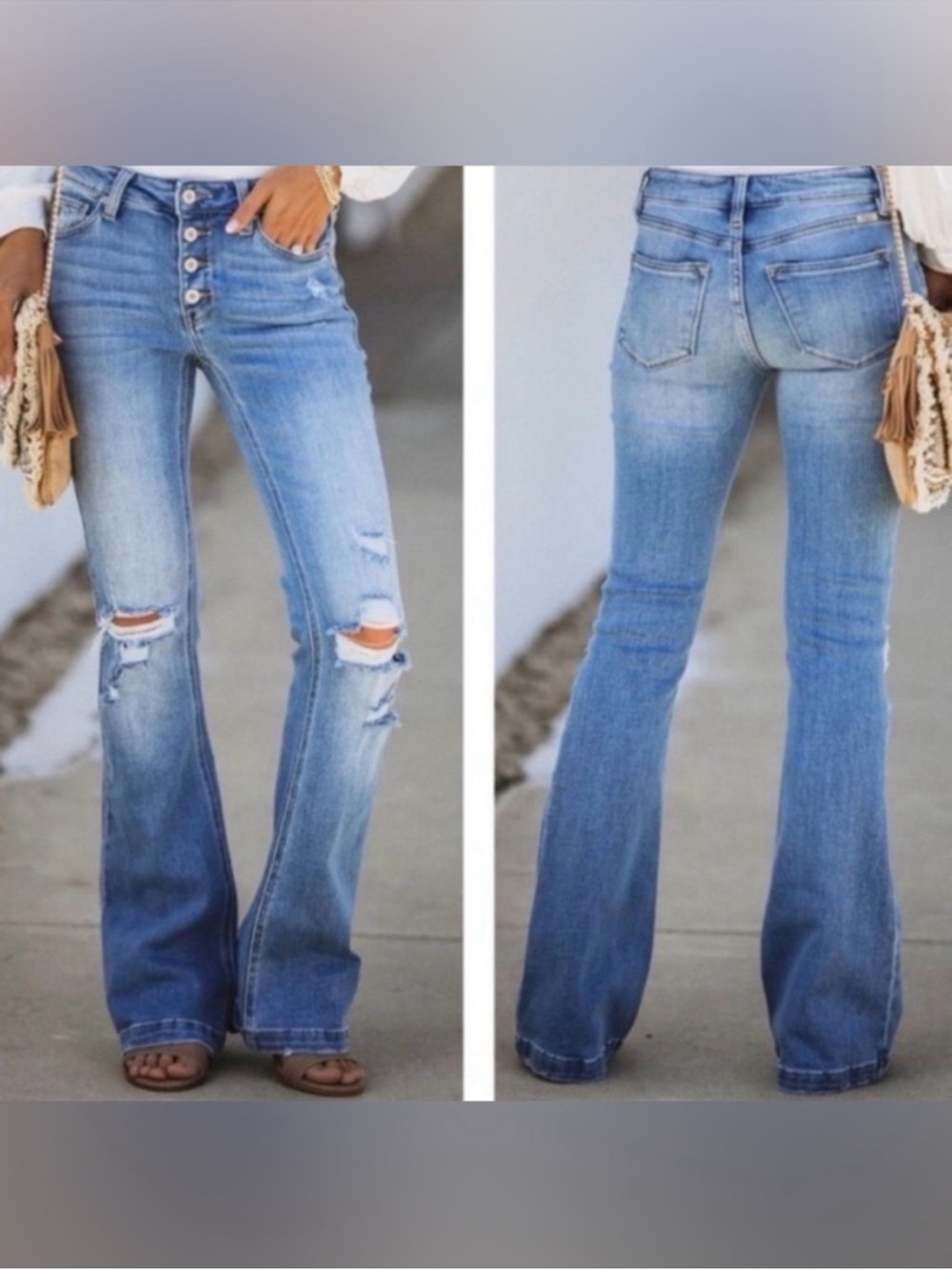 KanCan 15/31P x 31 Mid-Rise Button Fly Distressed Stretch Flare Jeans Light Blue